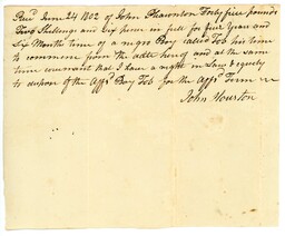 Receipt issued by John Houston to John Pleasonton for time of Tob, an enslaved person, June 24, 1802
