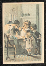 Trade card advertising Pratt's Astral Oil sold at the Belt Drug Store in Wilmington, Delaware. The decoration on the front of the card shows a group of children around a small table, one of the children is pouring food onto a plate while the others watch. Information about Pratt's Astral Oil is printed on the back of the card.