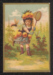 Trade card printed for Justis and Davidson Clothiers in Wilmington, Delaware. The front of the card shows the image of a woman with a net surrounded by bees and fruits. Information about the business is printed on the back of the card.