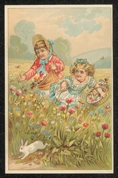 Trade card printed for Heid and Bro. Paper and Paper Bag House in Wilmington, Delaware. This card is part of a set of four cards, each one representing one of the seasons. This card, Spring, shows two female children in a field of flowers. Information about the business is printed on the back of the card.
