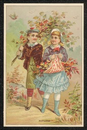 Trade card printed for Heid and Bro. Paper and Paper Bag House in Wilmington, Delaware. This card is part of a set of four cards, each one representing one of the seasons. This card, Autumn, shows two children surrounded by leaves in the process of changing color. Information about the business is printed on the back of the card.