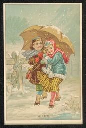 Trade card printed for Heid and Bro. Paper and Paper Bag House in Wilmington, Delaware. This card is part of a set of four cards, each one representing one of the seasons. This card, Winter, shows two children walking down a snowy lane. Information about the business is printed on the back of the card.