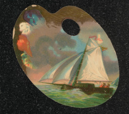 Trade Card printed for James and Bro. Hardware, Paints, Oils, and Glass in Wilmington, Delaware. The trade card is in the shape of a paint pallet. The design on the front of the card is made to look like a painting of a sailboat in the ocean. The name and address of the business is printed on the back of the card.