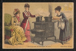 Trade card printed for M.S. Simpers to advertise the Excelsior Hot Blast Oven. The front of the card shows an image of three women surrounding the oven, one of the women is the cook removing a cake from the oven. Punctures outline the women, the stove, and other elements of the image. They appear to be part of the original design. Information about the business and the oven is printed on the back of the card.