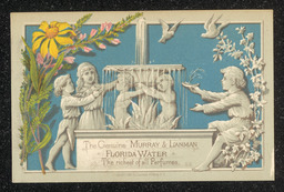 Trade card printed for Z. James Belt advertising Murray and Lanman's Florida Water. The decoration on the front is of a fountain surrounded by flowers on a blue background. Information about the product and business is printed on the back of the card.