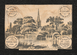 Trade card printed for John M. Harvey, a druggist in Wilmington. The front of the card shows a sketch of the Church of the Holy Trinity in Stratford upon Avon in England. Each corner contains an advertisement for a product sold by Harvey. Business information and descriptions of products are printed on the back