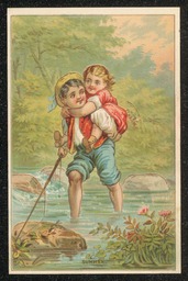 Trade card printed for Heid and Bro. Paper and Paper Bag House in Wilmington, Delaware. This card is part of a set of four cards, each one representing one of the seasons. This card, Summer, shows two children in a stream, one carrying the other on their back. Information about the business is printed on the back of the card.