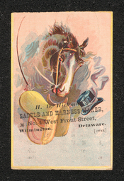 Trade card printed for Henry D. Hickman, a saddle maker in Wilmington. The front has business information as well as a drawing of a horse, saddle, top hat, and whip. More information about the business and what it sold is printed on the back.