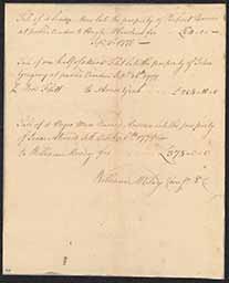 Sales record documenting three sales: Mare, property of Robert Brown to Hugh McCracken-Wood; Wood, property of John Gregory to Amor Grub; Negro man named Andrew, enslaved by Isaac Atwood, to William Moody. Signed by William McClay. 