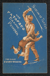 Trade card distributed by Welch and Sharp Co., Wholesale Grocers, advertising Patapsco Baking Powder and depicting a man hitting a boy with a switch. Back of trade card reads "Welch, Sharp and Co., / Wholesale Grocers / and General Commission Merchants / For the sale of all kinds of / Country Produce / 306 King St., Wilmington, Del." 