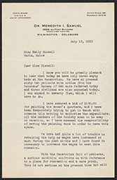Letter, Meredith Samuel to Emily Bissell, July 13, 1923