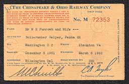 Ticket, Washington, D.C. to Staunton, Virginia, Chesapeake and Ohio Railway Company, 1951