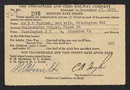 Ticket stub, Washington, D.C. to Staunton, Virginia, Chesapeake and Ohio Railway Company, 1953