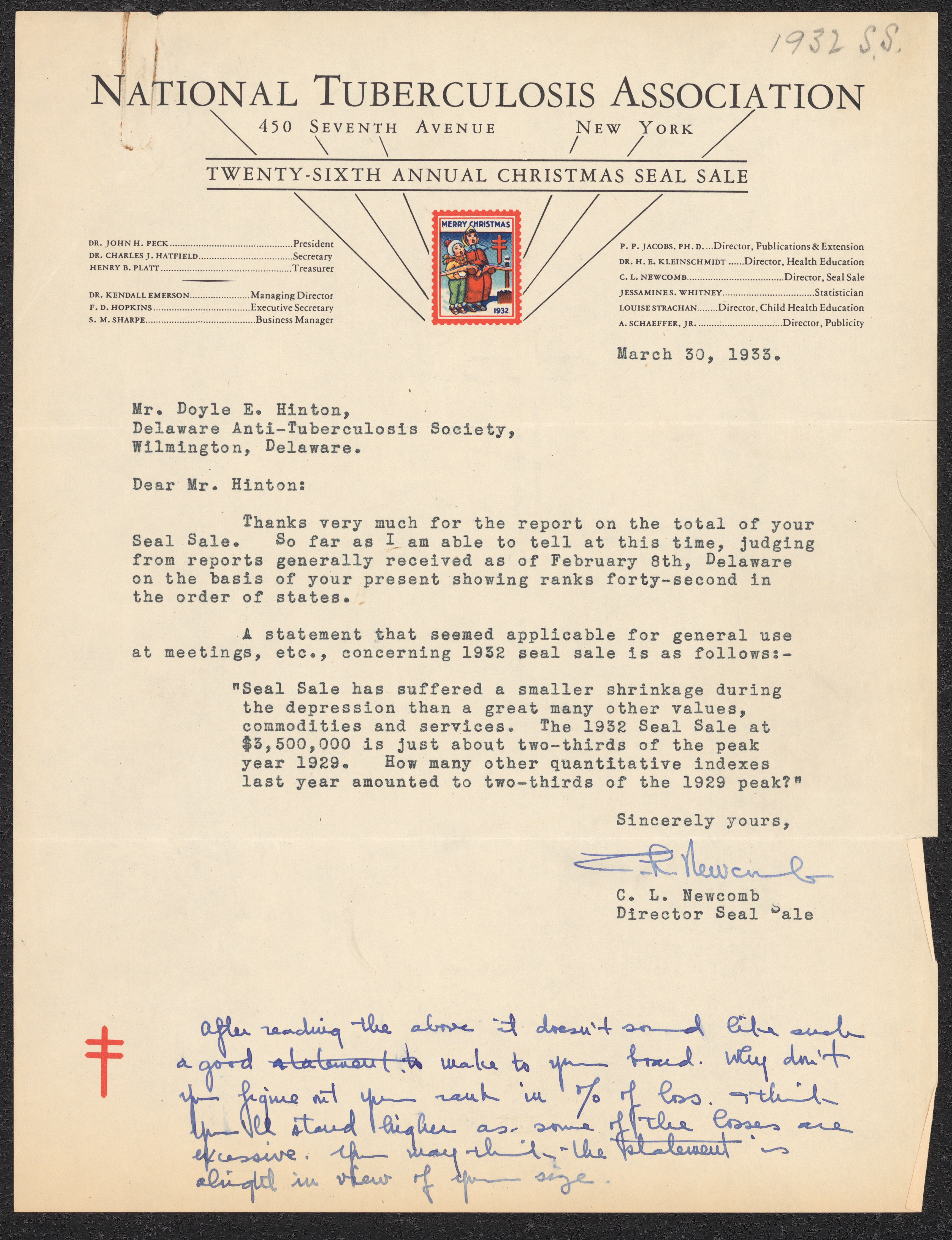 Letter, C.L Newcomb to Doyle E. Hinton, March 30, 1933