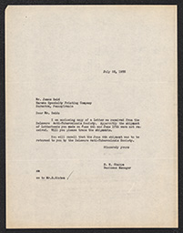 Correspondence between Julius Riak, G. Taggart Evans, S.M. Sharpe, and Doyle E. Hinton with Order Receipts, July 26, 1935-September 9, 1935