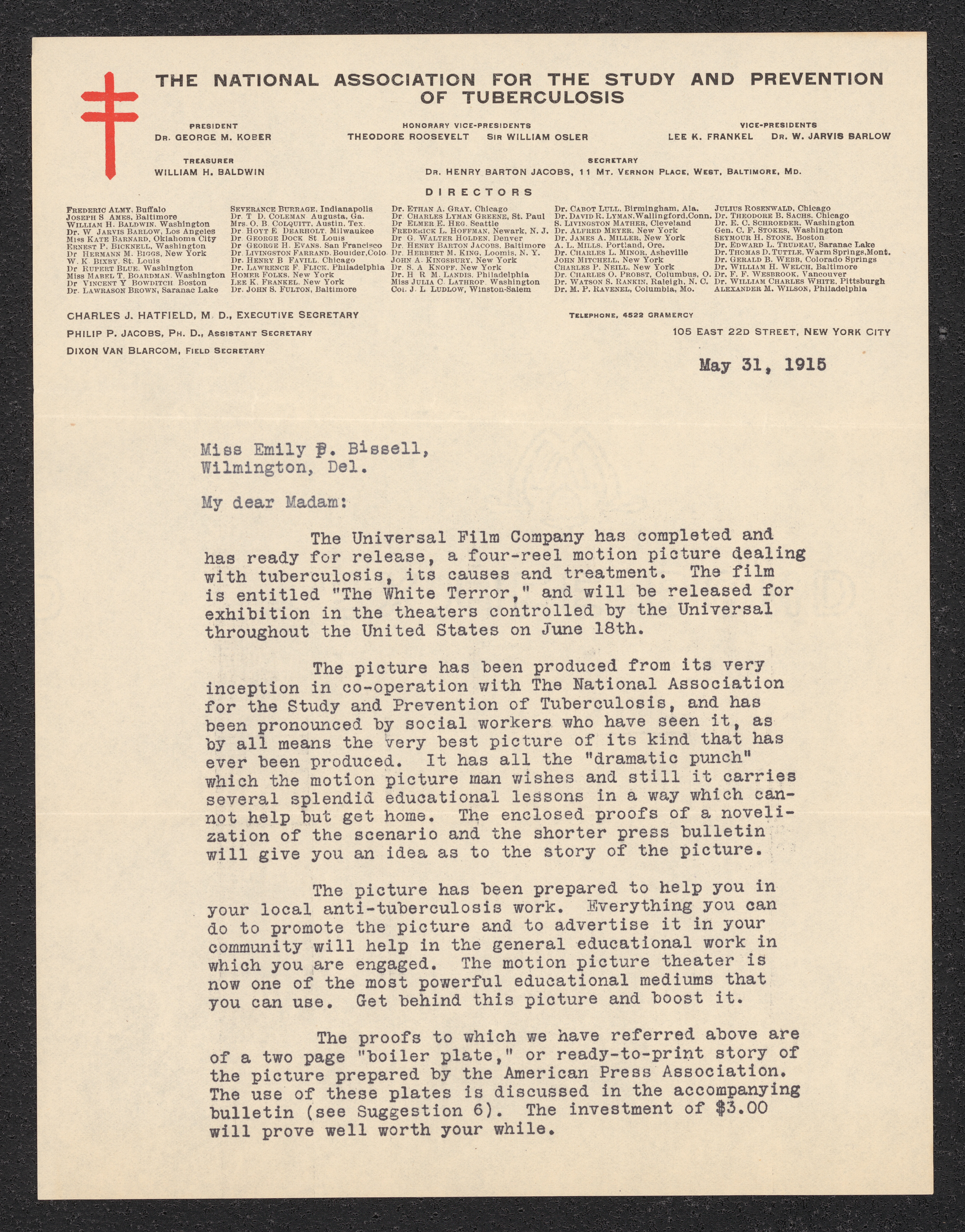 Letter, Philip P. Jacobs to Emily P. Bissell, May 31, 1915