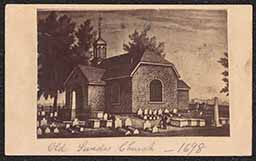Image of Old Swedes' Church in Wilmington, Delaware. This is a copy of the engraving by John Sartain done after the 1840 drawing of the church by Benjamin Ferris. Written under the image in pencil: Old Swedes Church - 1698".