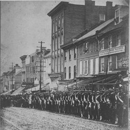 Soldiers at 2nd and Market Streets, ca. 1873