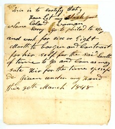 Allowance for Sarry, an enslaved girl, to work in Philadelphia for six to eight months. March 30, 1848