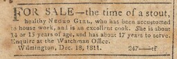 Advertisement published in the January 1, 1812 issue of the American Watchman, Wilmington, Delaware. Original date of the ad listed as December 18, 1811.