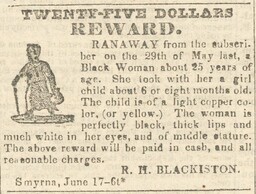 Advertisement, reward for woman and child, freedom seekers, in the Delaware Gazette, June 20, 1845 