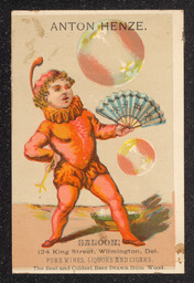 Trade card for Anton Henze Saloon in Wilmington, Delaware. The front image is of a person in a red costume holding a fan.