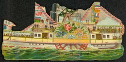 Trade Card printed for Mrs. Jacobs Millinery Palace in the shape of a steam boat. This trade card is unusually large. Most trade cards range from the size of a business card to a postcard.