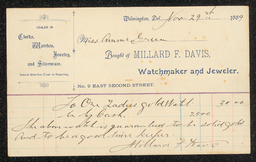 Bill head from Millard F. Davis, a watchmaker in Wilmington, Delaware for the sale of a solid gold watch.
