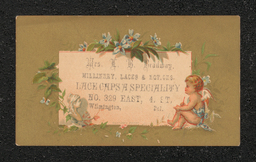 Trade card printed for Lizzie Bradway, a milliner in Wilmington.
