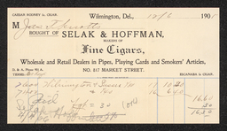 Billhead from Selak and Hoffman, Inc., a cigar, pipe, and tobacco dealer in Wilmington.