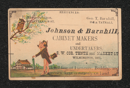 Trade card printed for Johnson and Barnhill, cabinet makers and undertakers in Wilmington.