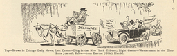Cartoon depicting a man driving a horse-drawn cart with "Delaware" written on the side, and women following in an automobile with "Suffrage" flag. Reproduced from the Suffragist, Volume 8, Number 4, 1920, p. 69. Originally published in the Dayton Herald. Artist unknown.