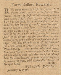Advertisement, reward for Sam, enslaved person, in the Delaware Gazette, January 1, 1796