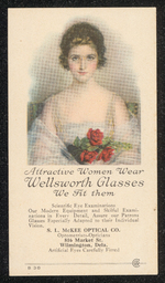 Trade card for S.L. McKee Optical Co., 816 Market St., Wilmington, Del., with illustration of woman in white dress wearing glasses and holding flowers.