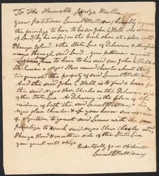 Petition about Charles, enslaved person, aged 32, by Lemuel Hall to Judge Wooten of Sussex County. Hall asks Judge Wooten for permission to send Charles to work for his son, John C. Hall, at Phenyx Island on the state border with Maryland. The petition is not dated.