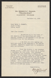 Letter, Meredith I. Samuel to Emily Bissell, September 21, 1923