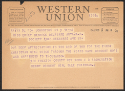 Telegram, Henry Denkert to Emily Bissell, December 9, 1946