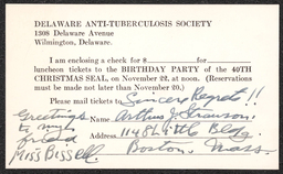 Letter, Arthur J. Strawson to Delaware Anti-Tuberculosis Society, November 1946