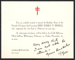 An invitation from the Delaware Anti-Tuberculosis Society's celebration of the Christmas seal's 40th birthday. The respondent, whose last name is unclear, wrote directly on the invitation.