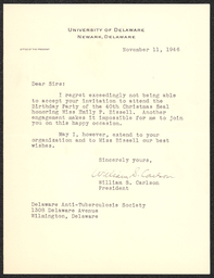 Letter, William S. Carlson to Delaware Anti-Tuberculosis Society, November 11, 1946