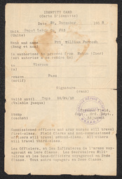 An identification card/day pass allowing William H. Furrowh to travel from Mehun(-sur-Yèvre) to the nearby town of Vierzon on December 29, 1918.