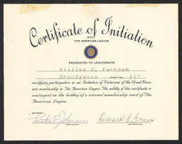 Certificate of William H. Furrowh's initiation into the Brandywine American Legion, date unknown