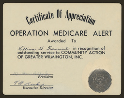 Certificate of appreciation for William H. Furrowh's efforts in the "Operation Medicare Alert" driven by the Community Action of Greater Wilmington, Inc. in 1965.