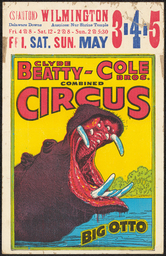 Color poster for Clyde Beatty-Cole Bros Combined Circus, undated, with illustration of "Big Otto," a hippopotamus.  