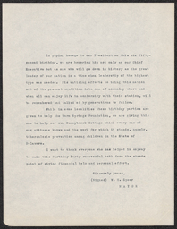 Typescript of statement by William H. Speer on President's birthday party, circa January 1934