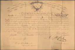 The scan of a badly-damaged certificate appointing Charles F. Thomas to the rank of sergeant. Note that although the name written appears to be "C. T. Thomas," the muster rolls and other evidence strongly suggest that it is a typo.