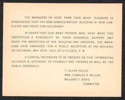 Invitation to Hope Farm Opening, 1913