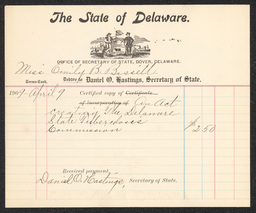 State of Delaware Receipt, April 9, 1909