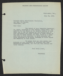 Letter to Delaware State Tuberculosis Commission, July 25, 1922
