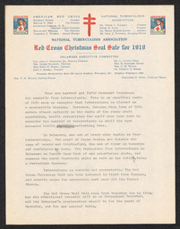 Featuring illustrated Christmas-themed letterhead, this document presents information on the effects of tuberculosis on the young adult population and the dates of the Red Cross Seal Sale in 1919. 